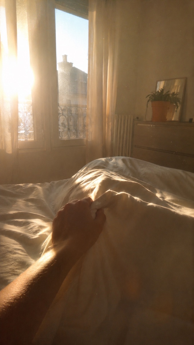 Réveil dans une chambre ensoleillée, la main repousse la couette