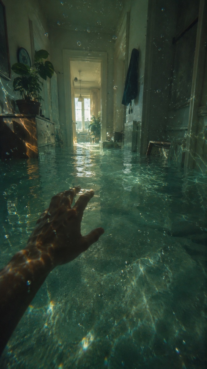 Le couloir de l'appartement est inondé, on nage, la main plonge dans l'eau
