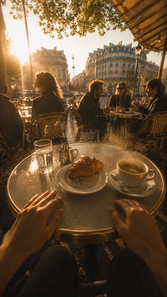 Atterrissage assis à une terrasse de café parisien, croissant et café, lumière dorée